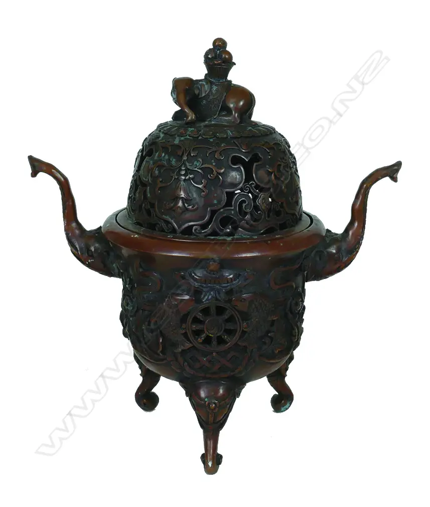A Chinese copper patinated two-handled tripod incense burner with cover Image 1++