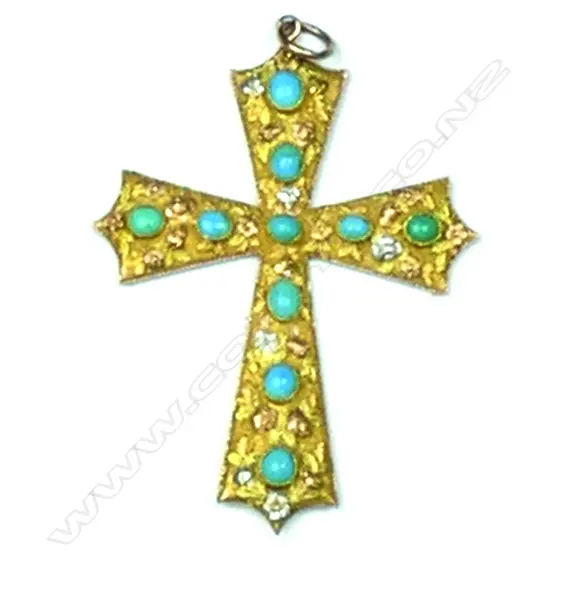 An antique 11ct gold and turquoise cross Image 1++