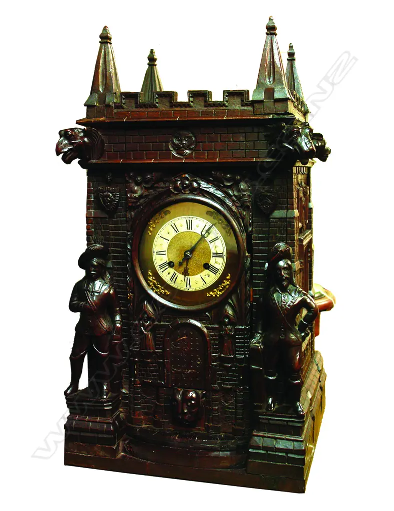 A late 19thC large carved oak castle cased mantel clock Image 1++