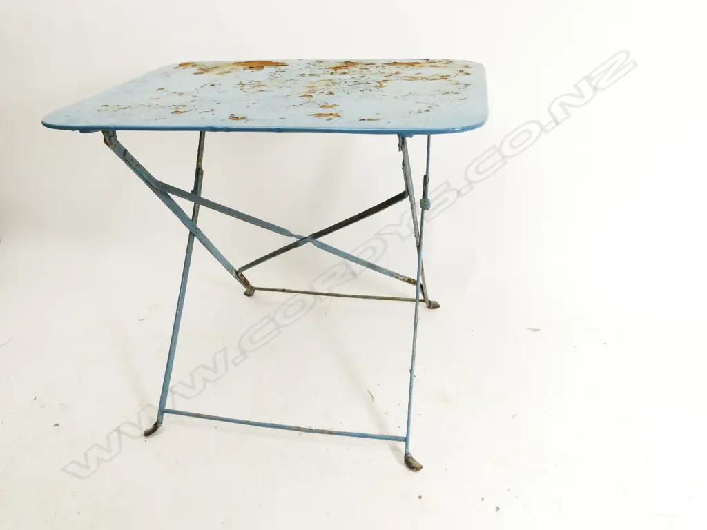 An old French blue paint finish metal cafe table with folding base Image 1++