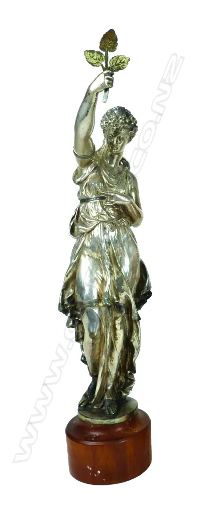 A 19thC silver plated bronze figure of a standing classical woman holding a leafy branch Image 1++