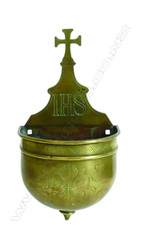 An antique brass Catholic holy water font Image 1++