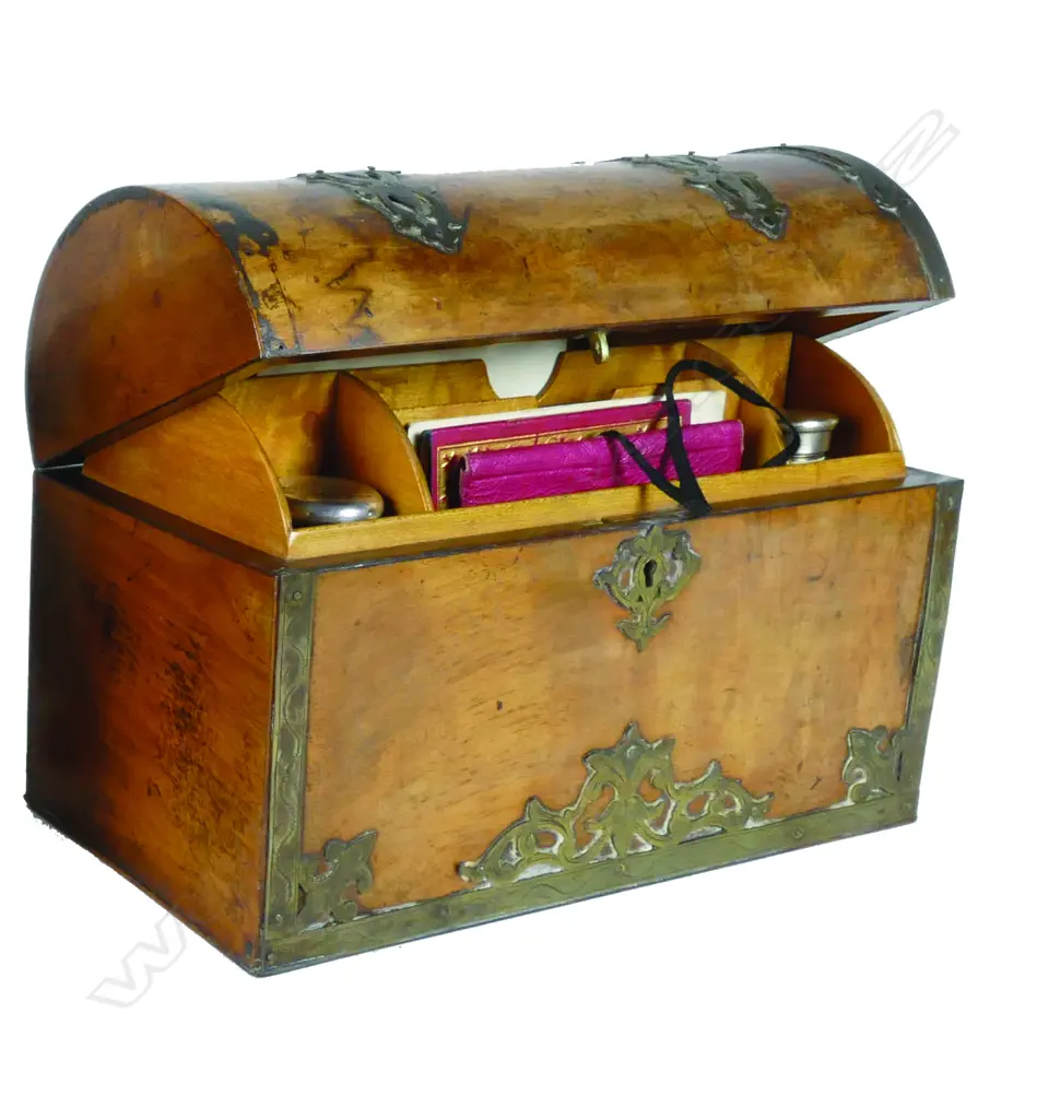 A Victorian brass bound walnut dome top writing box Image 1++