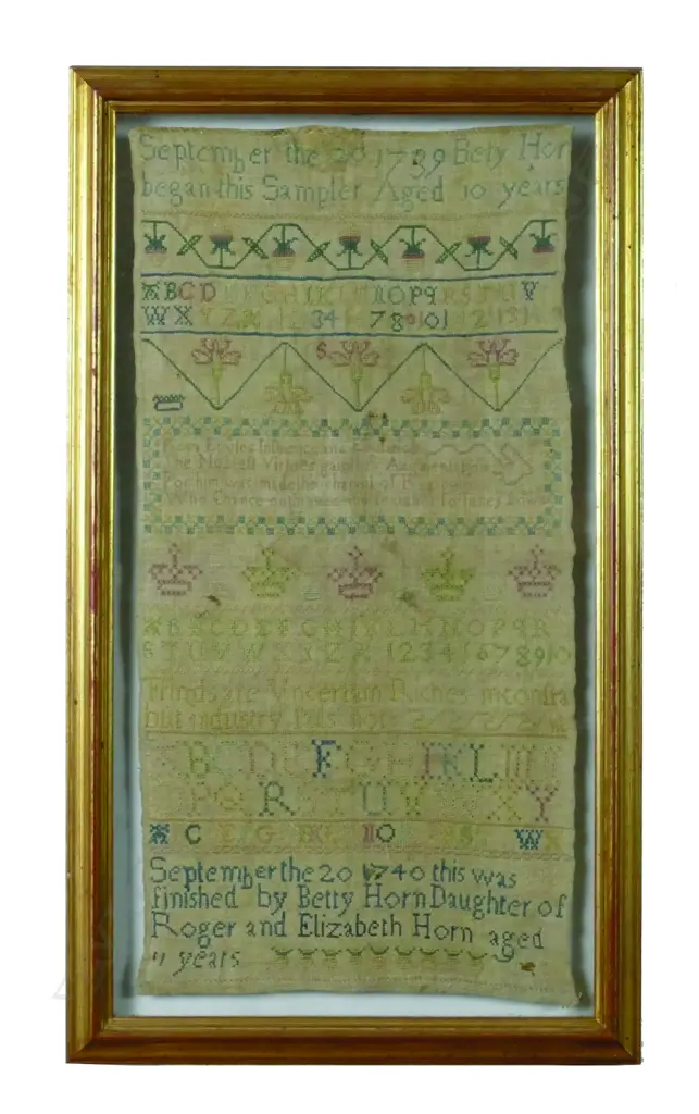 A George II sampler by Betty Horn dated 1739 and 1740 Image 1++