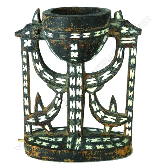 An old Solomon Islands carved wood and mother-of-pearl inlaid chalice