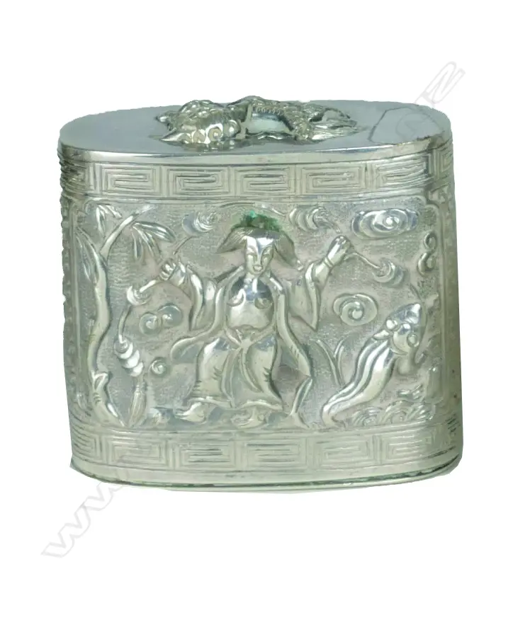 A small heavy unusual Chinese silver lidded box of oval form in two sections Image 1++