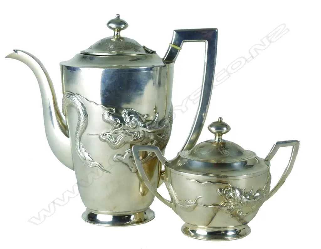 A c.1920s Chinese silver Tack Hing coffee pot and lidded sugar bowl Image 1++
