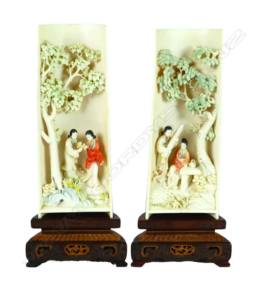 A pair of good quality Chinese coloured ivory tusk sections Image 1++
