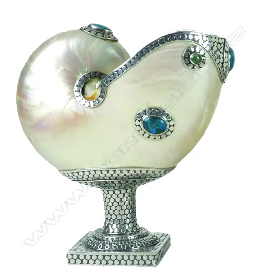 A nautilus polished shell raised on a silver (tested) plinth