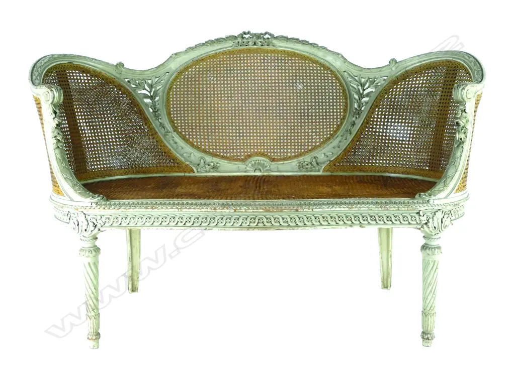 A small good quality French greenish-grey paint finished two-seater canape Image 1++