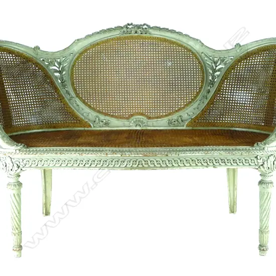 A small good quality French greenish-grey paint finished two-seater canape