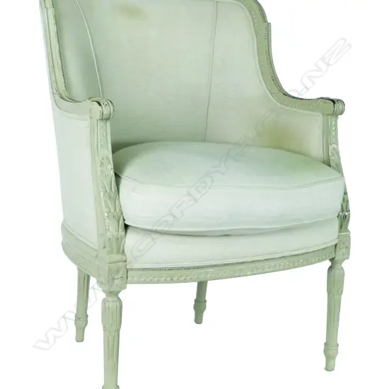 A French light grey paint finish armchair of Louis XVI style