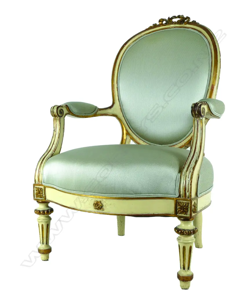 A French gold and cream paint finish open elbow chair of Louis XVI style Image 1++
