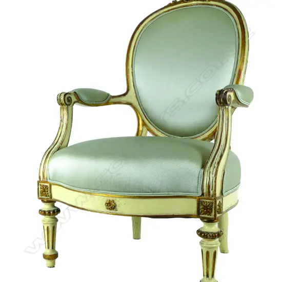 A French gold and cream paint finish open elbow chair of Louis XVI style