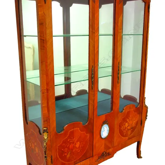 A French kingwood and marquetry inlaid antique style display cabinet