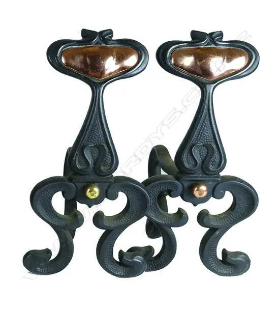 A pair of cast iron and copper Art Nouveau fire dogs Image 1++