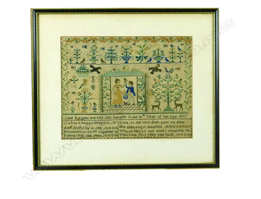 A good 19thC pictorial and epithet sampler Image 1++