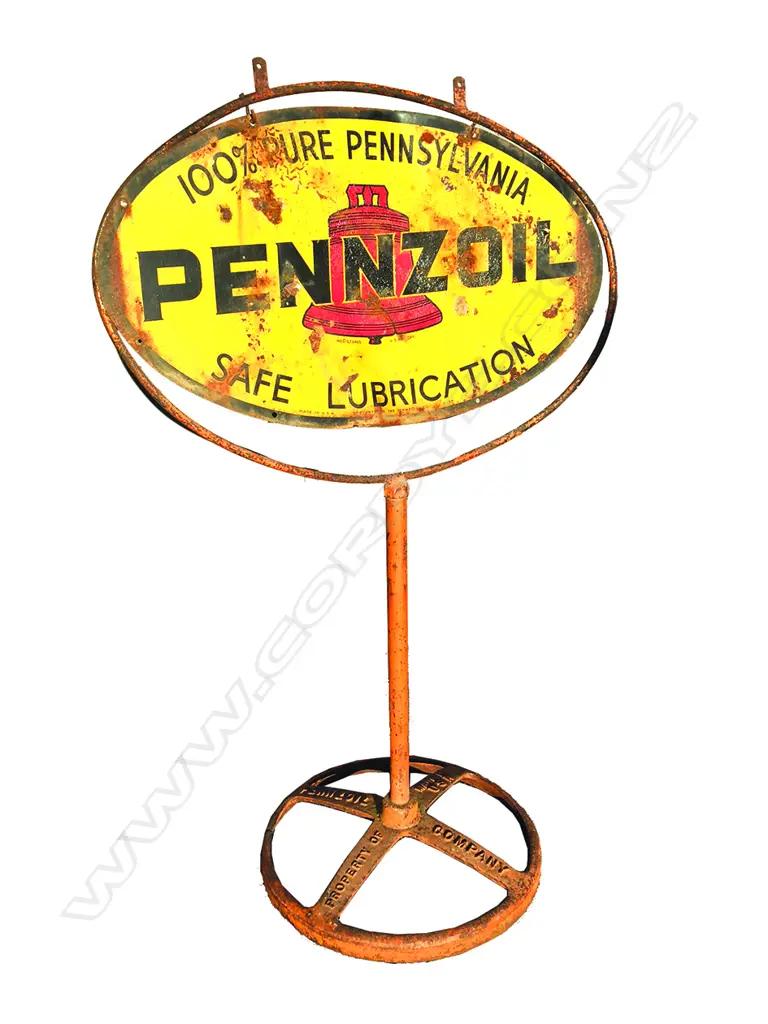 A 1940s Pennzoil oval metal double sided lollipop gas station standing sign in original conforming frame on 'Pennzoil' stand Image 1++