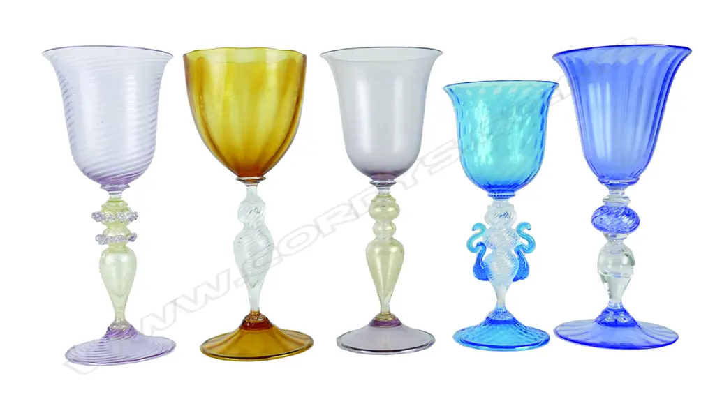 A Harlequin set of eight Murano wine goblets Image 1++