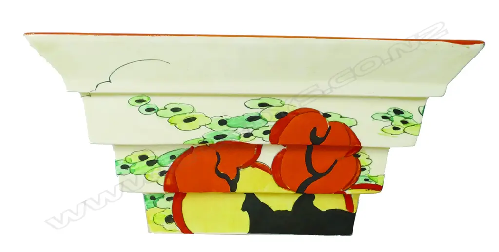 An Art Deco Clarice Cliff large stepped square bowl in the orange Erin pattern. Shape 417 Image 1++