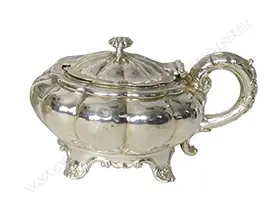 A William IV silver mustard pot of melon shape on shell and scroll feet Image 1++
