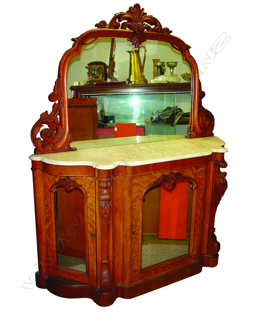 A good Victorian walnut marble top and mirrored back credenza Image 1++