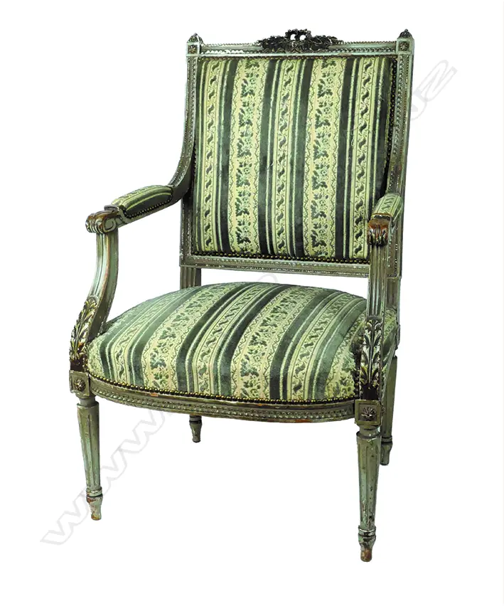 A pair of old French grey/green paint finish walnut open elbow chairs of Louise XVI style Image 1++