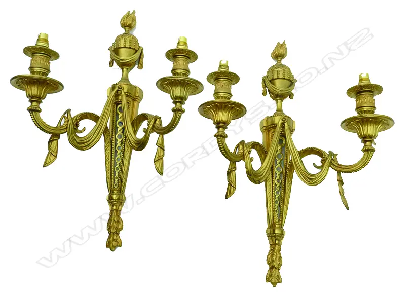 A matching set of four gilt brass twin branch wall lights of French style Image 1++