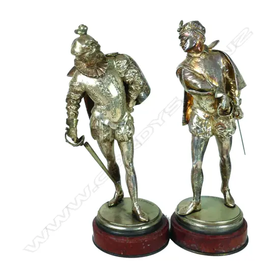 A pair of 19thC French silver plated bronze duellists in Elizabethan costume