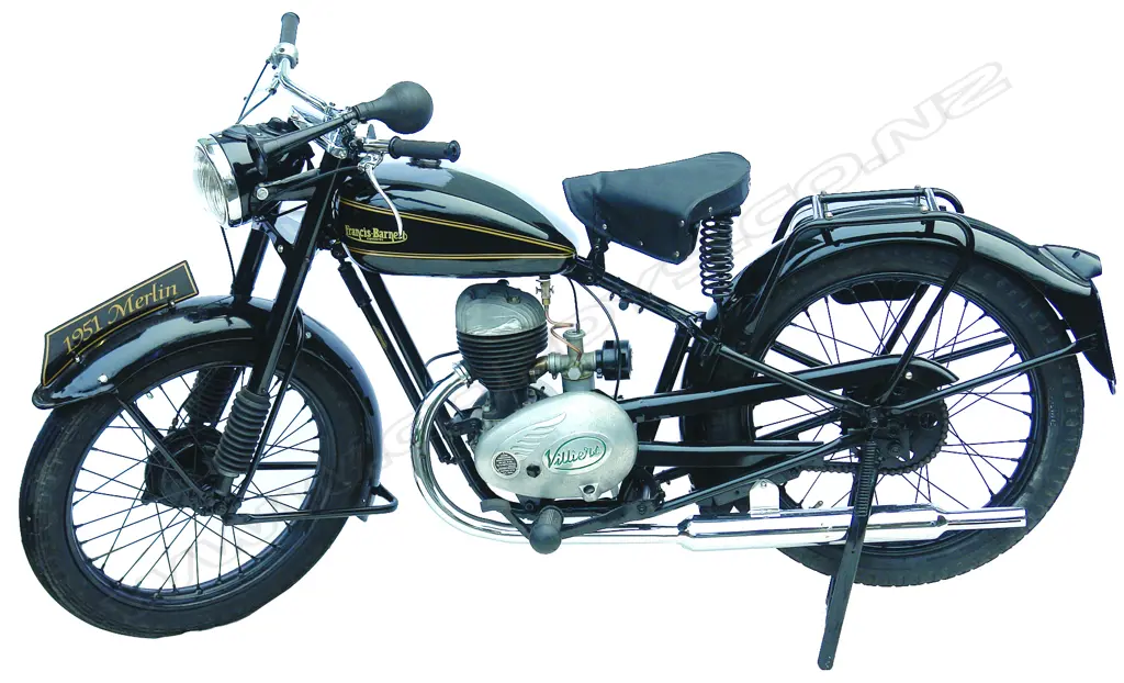 A 1951 Francis-Barnett 'Merlin' 122cc motorcycle. One of Francis-Barnett’s first post-war offerings was the Model 51 Merlin. Introduced in 1946 Image 1++
