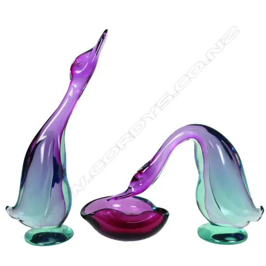 A set of coloured Art Glass ducks with bowl