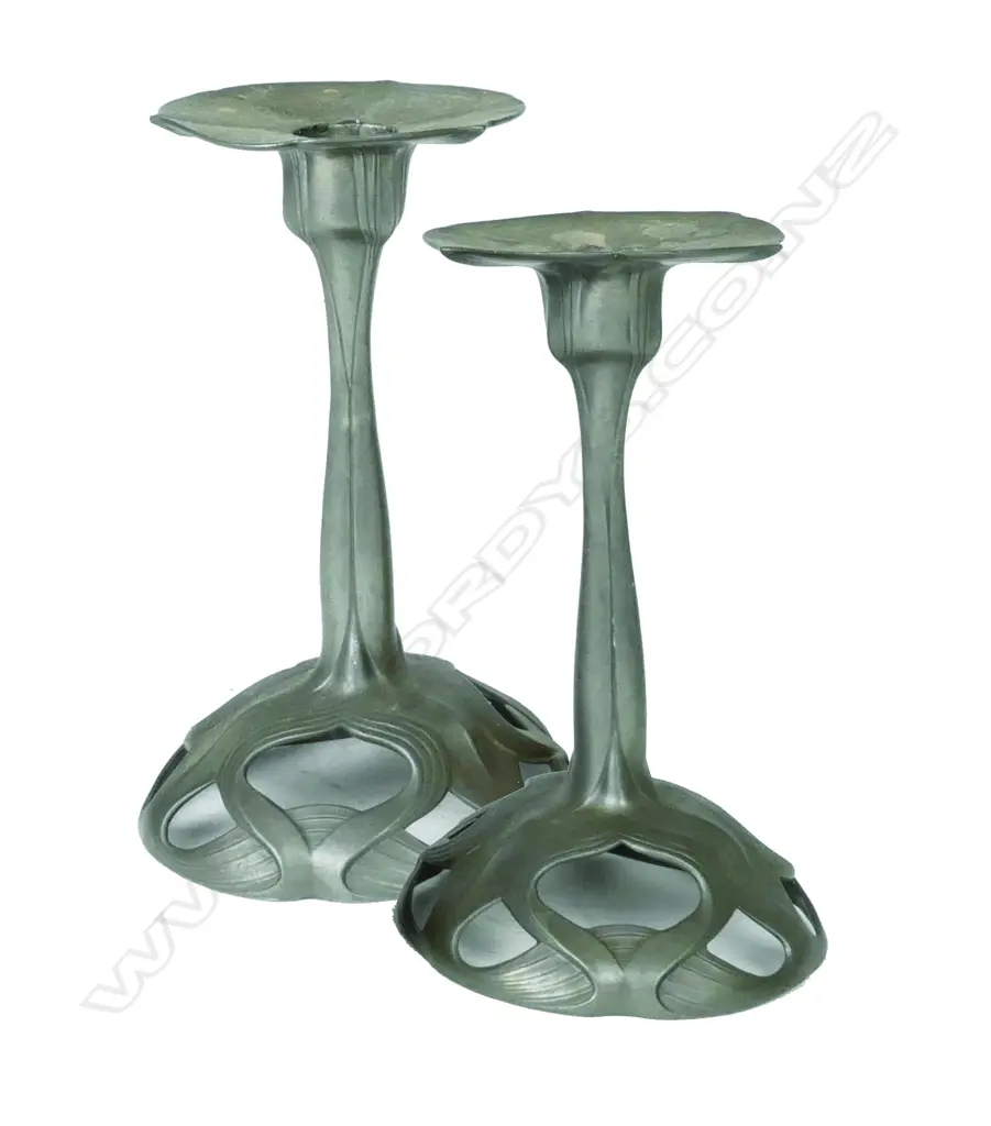 A pair of stylish German Orivit pewter Art Nouveau candlesticks. Height 180 Image 1++