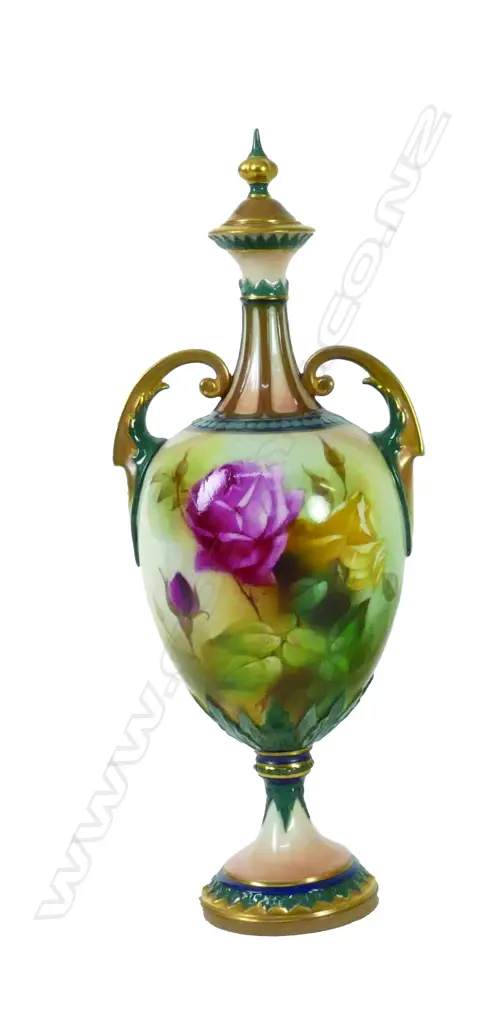 A Royal Worcester two-handled lidded urn vase. Hadley's shape 248 Image 1++