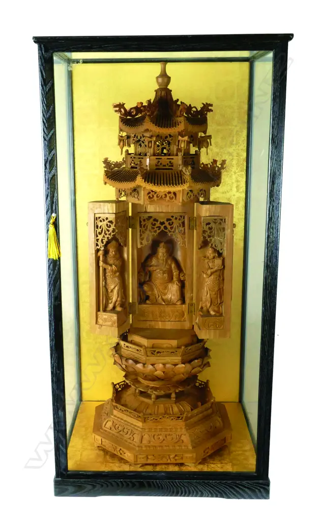 A fine carved Burmese sandalwood pagoda shrine carving Image 1++