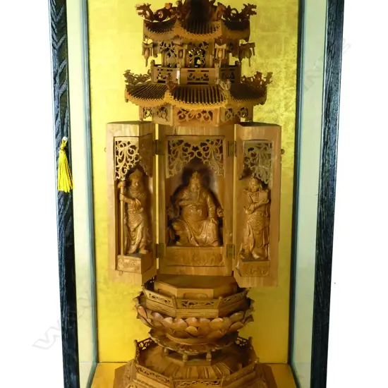 A fine carved Burmese sandalwood pagoda shrine carving