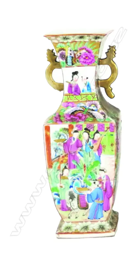 A 19thC Chinese famille rose square section baluster vase Image 1++