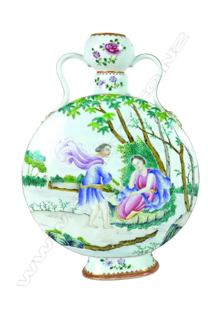 A Chinese famille rose porcelain moon flask. The flattened circular form with tulip mouth and two handles issuing from the shoulder Image 1++