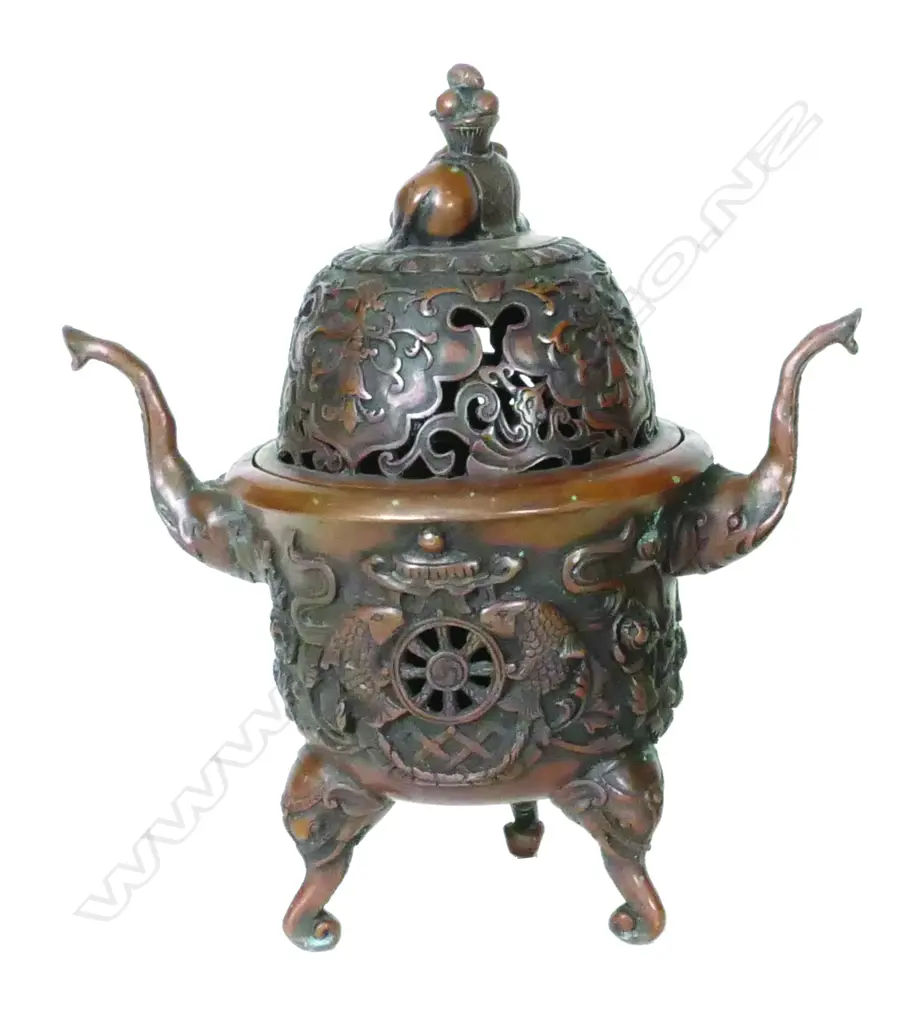 A Chinese copper patinated two-handled tripod incense burner with cover Image 1++