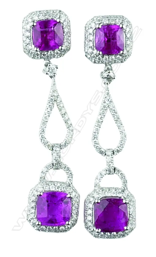 A pair of ladies modern 18ct white gold rubellite & diamond drop earrings Image 1++