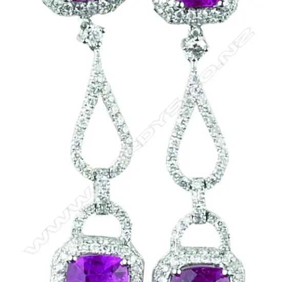 A pair of ladies modern 18ct white gold rubellite & diamond drop earrings