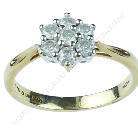 A 9ct. yellow gold and diamond cluster ring