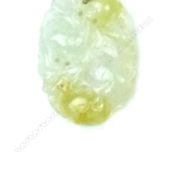 A Chinese pale jade carved pendant with 14ct. gold loop suspension