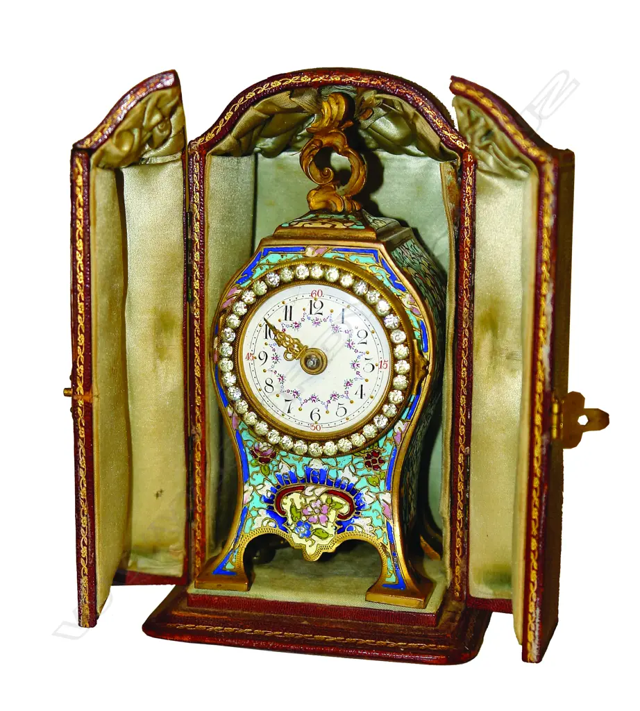 A 19thC French ormolu and champleve enamel small bombe mantel clock Image 1++