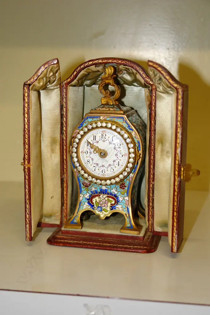 A 19thC French ormolu and champleve enamel small bombe mantel clock Image 1++