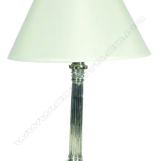 A quality early 20thC silver plate Corinthian column table lamp