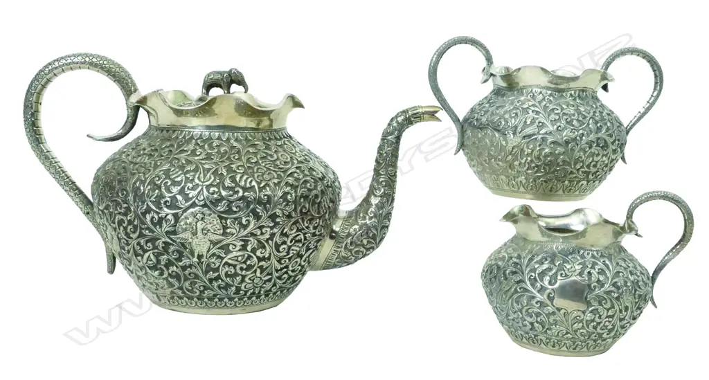 A good c.1900 Indian Raj period silver three-piece tea service Image 1++