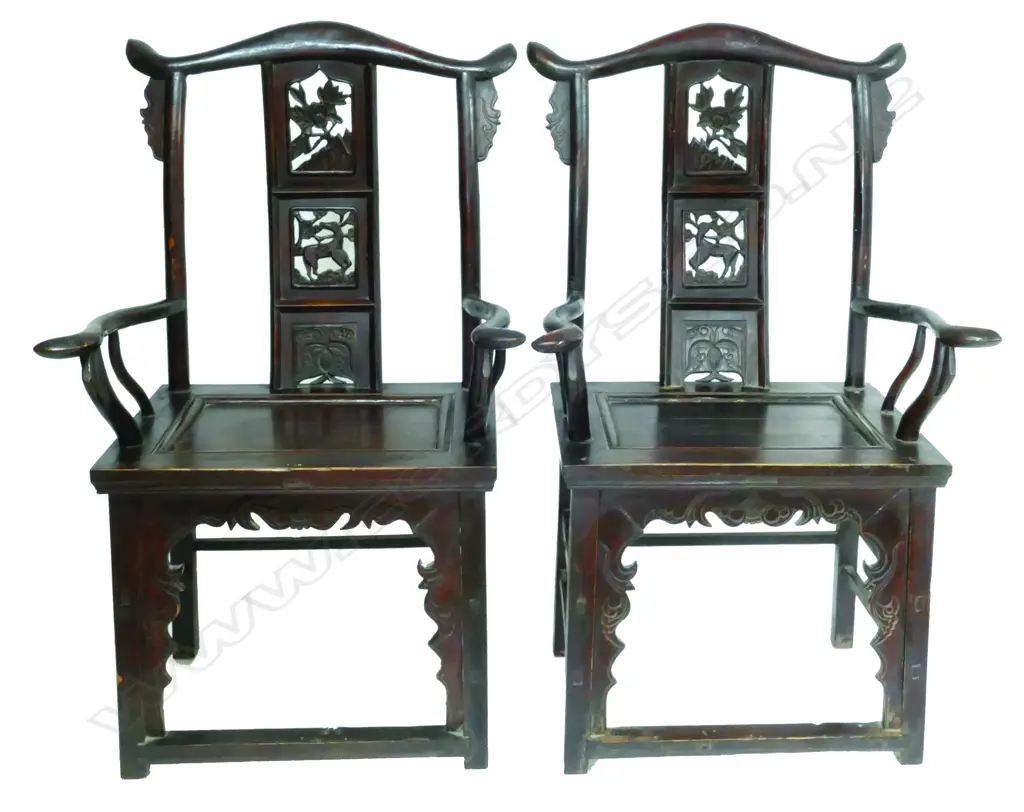 A pair of old Chinese yoke back Emperor and Empress chairs with wide carved and pierced splats Image 1++