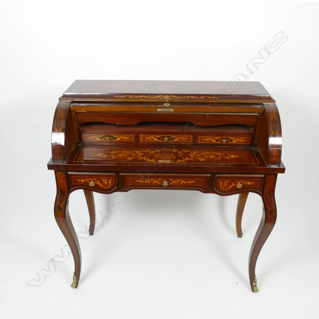 An Italian marquetry inlaid drum front desk Image 1++