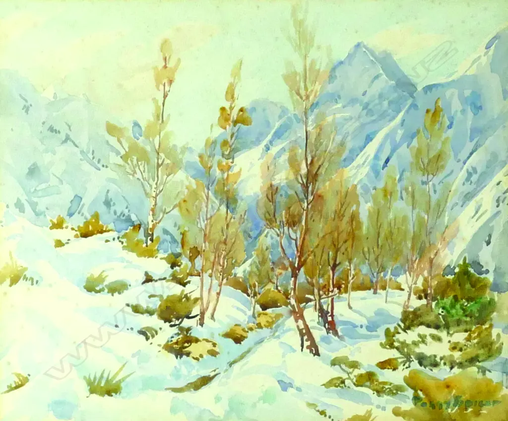 Peggy Spicer - 'Autumn Landscape With Trees and Stream Beneath Snow-capped Mountains' Image 1++