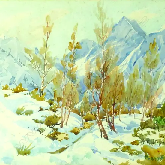 Peggy Spicer - 'Autumn Landscape With Trees and Stream Beneath Snow-capped Mountains'